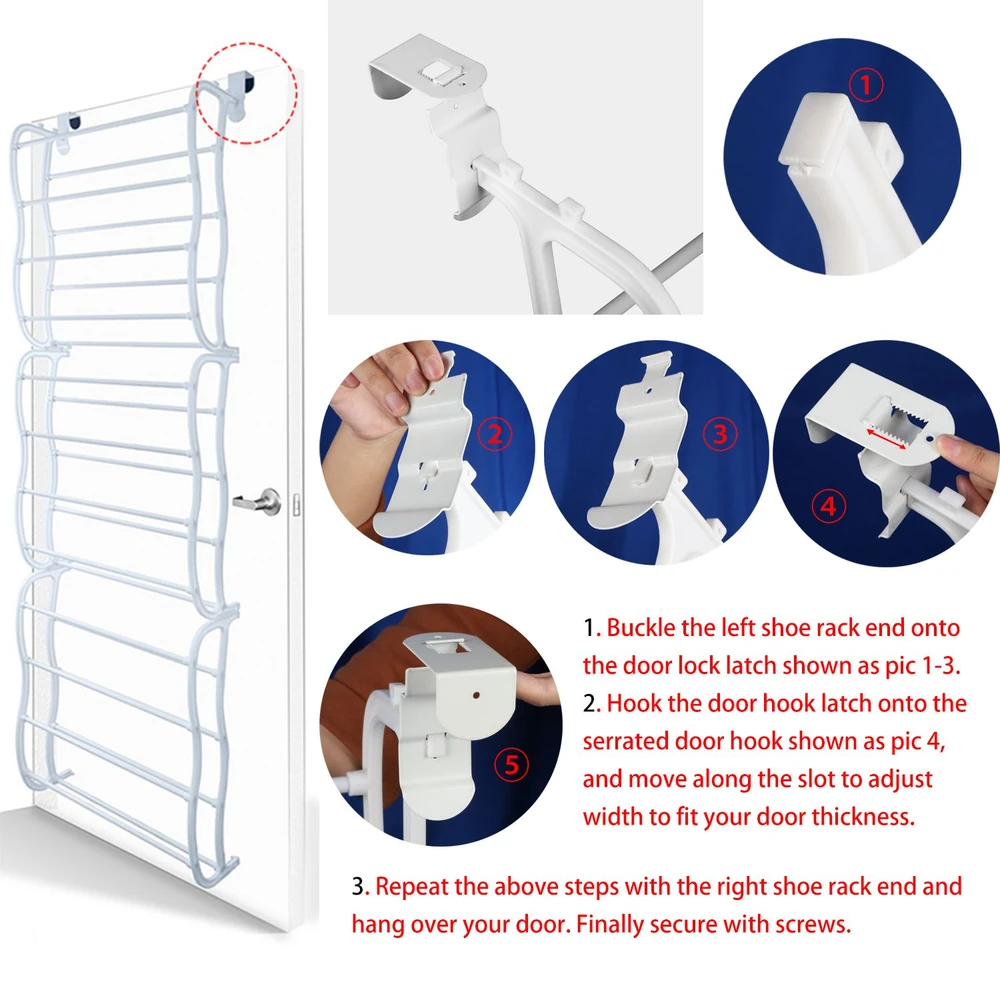 Over-the-door shoe rack installation guide with detailed images showing step-by-step assembly instructions for a white shoe organizer.