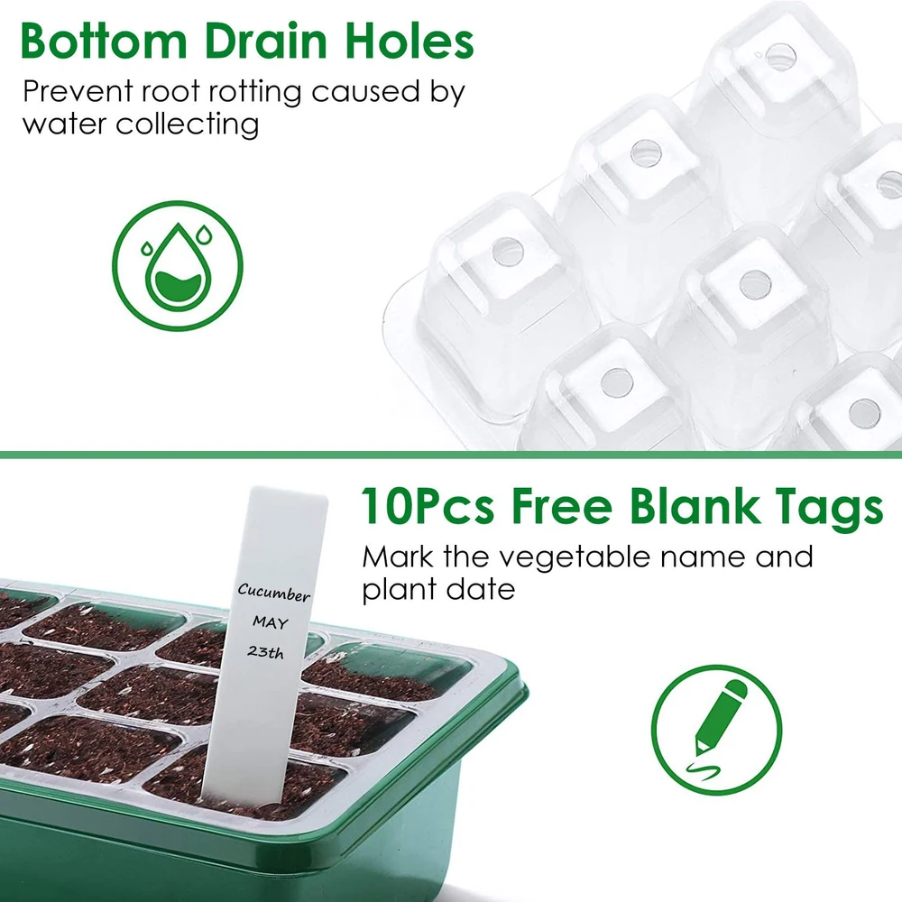 Seed starting tray with bottom drain holes to prevent root rot, featuring 10 blank tags for labeling vegetable names and planting dates.