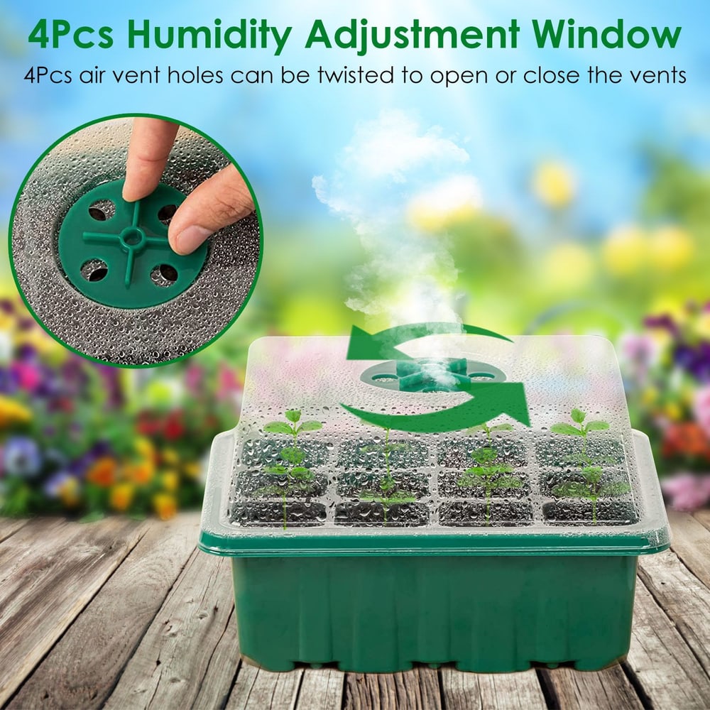 Green seedling starter tray with a transparent lid featuring adjustable humidity vents, highlighting a hand demonstrating the twistable air vent holes for customizable airflow.