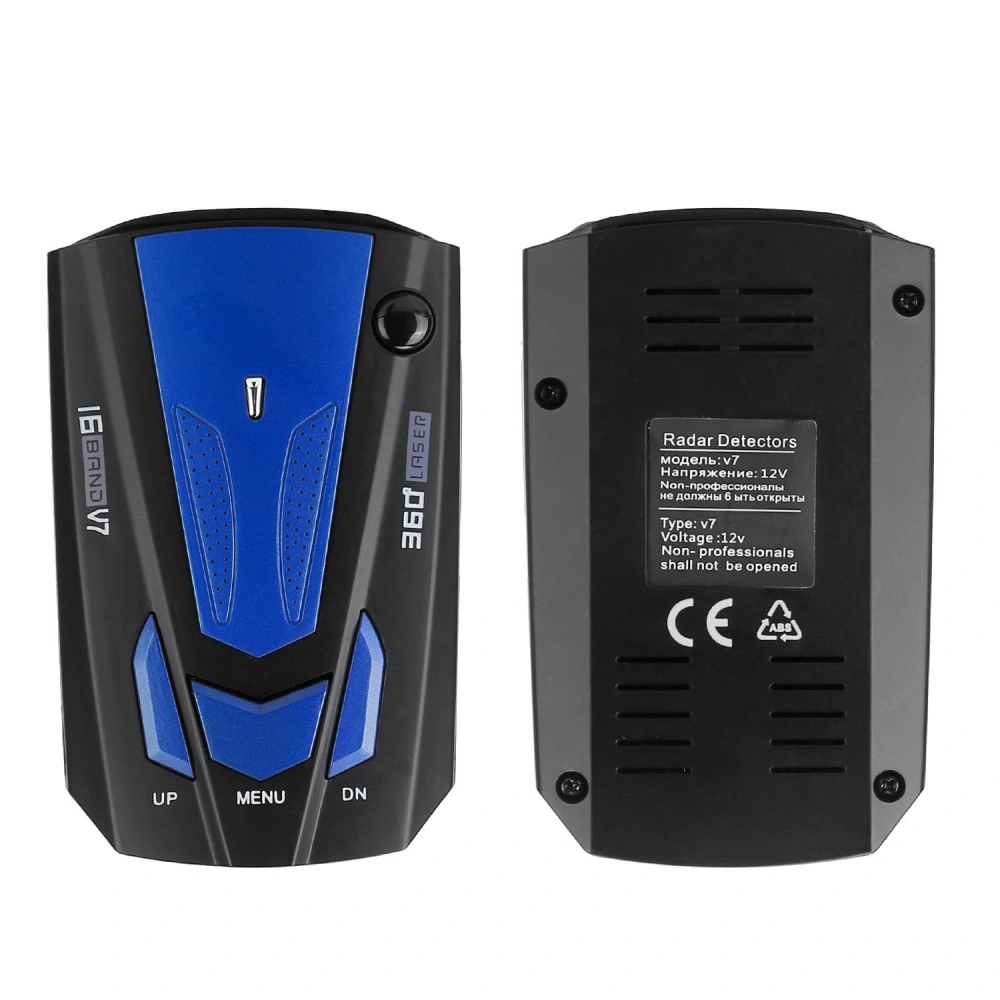 Radar detector model V7 with a sleek black and blue design, featuring a 360° laser detection and labeled buttons for easy navigation, showcasing both the front and back views.