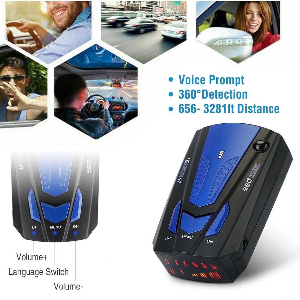 Car radar detector with voice prompt and 360-degree detection, displaying controls and features, designed for enhanced safety with a detection range of 656 to 3281 feet.