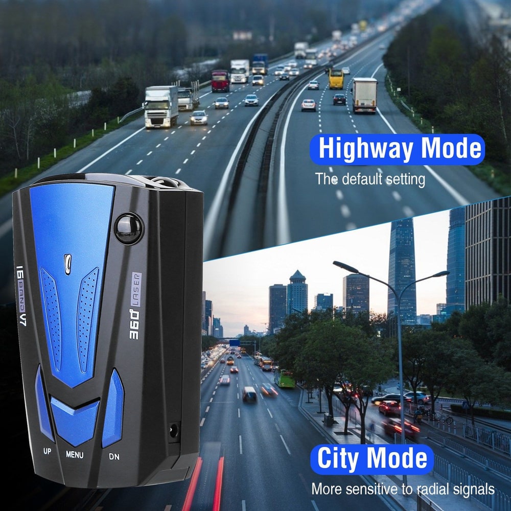 Radar detector device featuring Highway and City modes, displayed alongside a busy highway and urban landscape, designed for enhanced driving safety and signal sensitivity.