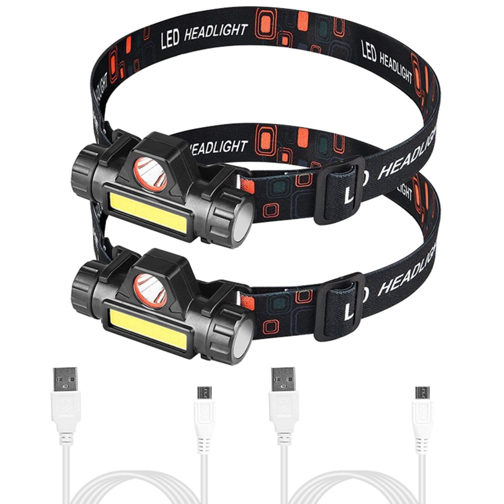 LED headlamp set with adjustable straps, featuring two high-brightness lights and USB charging cables for outdoor activities and hands-free lighting.