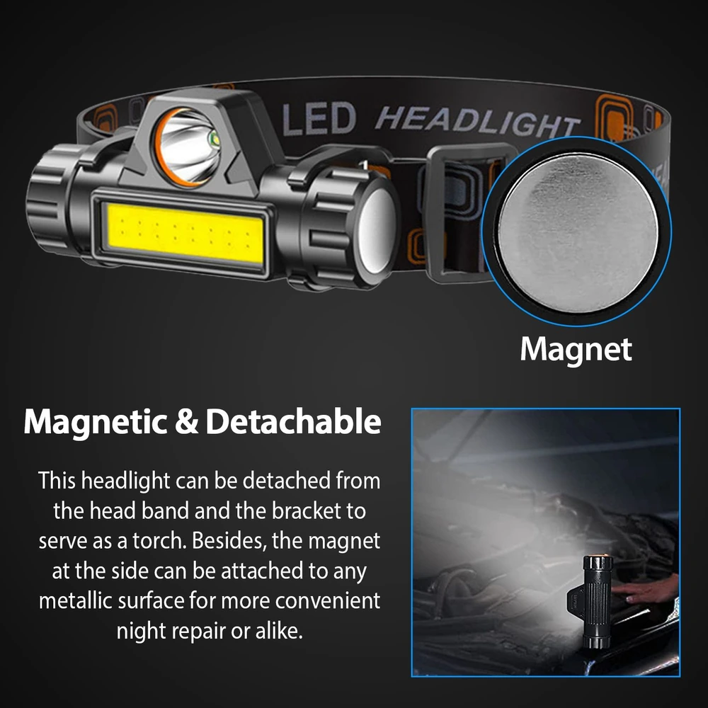 LED headlight with detachable design and magnetic attachment, ideal for hands-free illumination and convenient use during repairs.