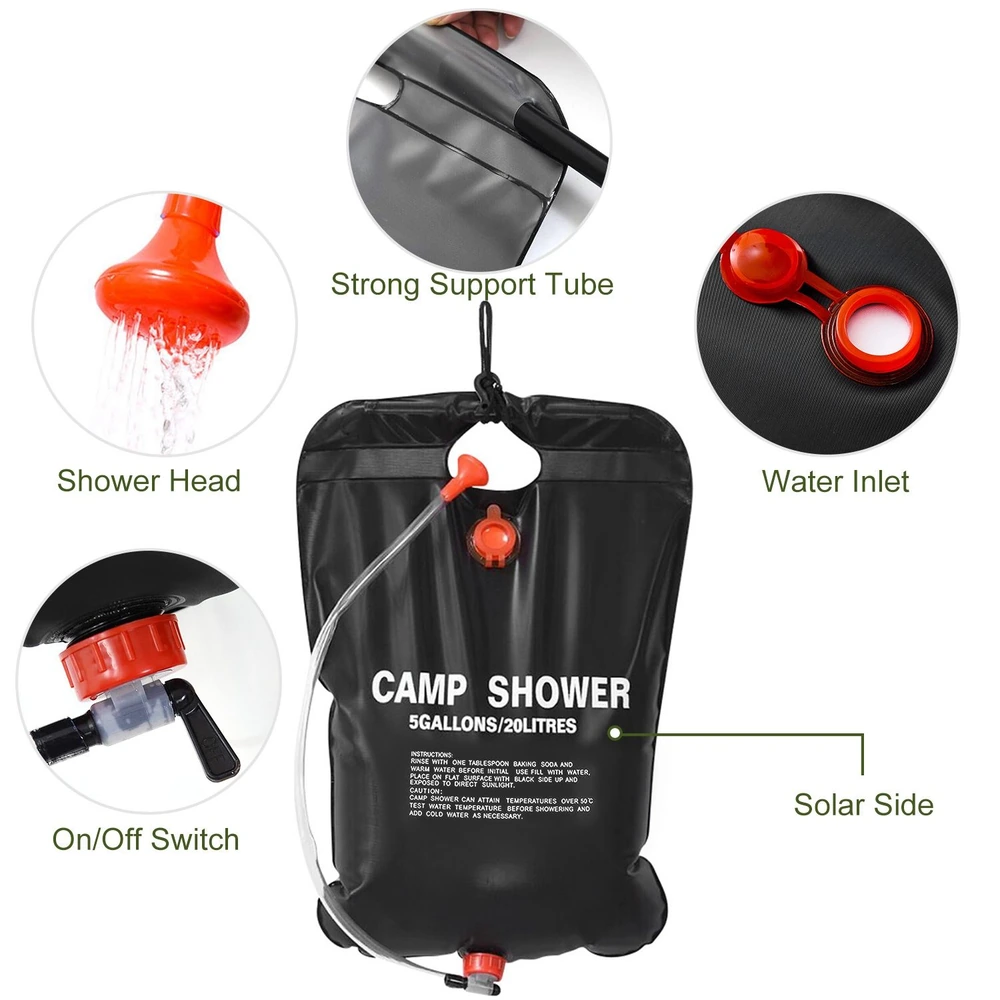Camp shower bag featuring a 5-gallon capacity with a solar heating side, detachable shower head, on/off switch for easy water control, and water inlet for easy refilling, ideal for outdoor adventures.