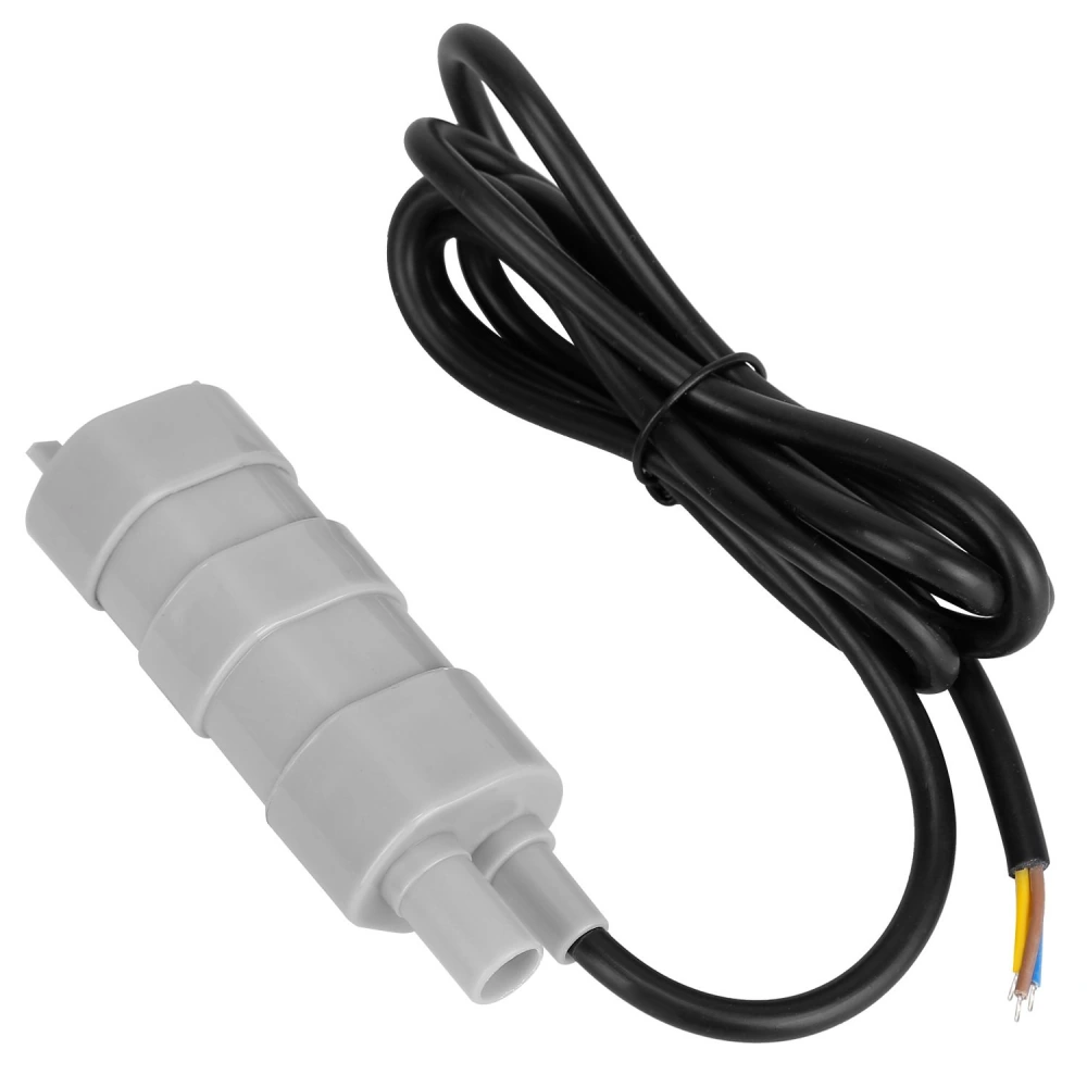Gray heat pump wiring connector with three openings and a black power cable, suitable for electrical connections in heating systems.