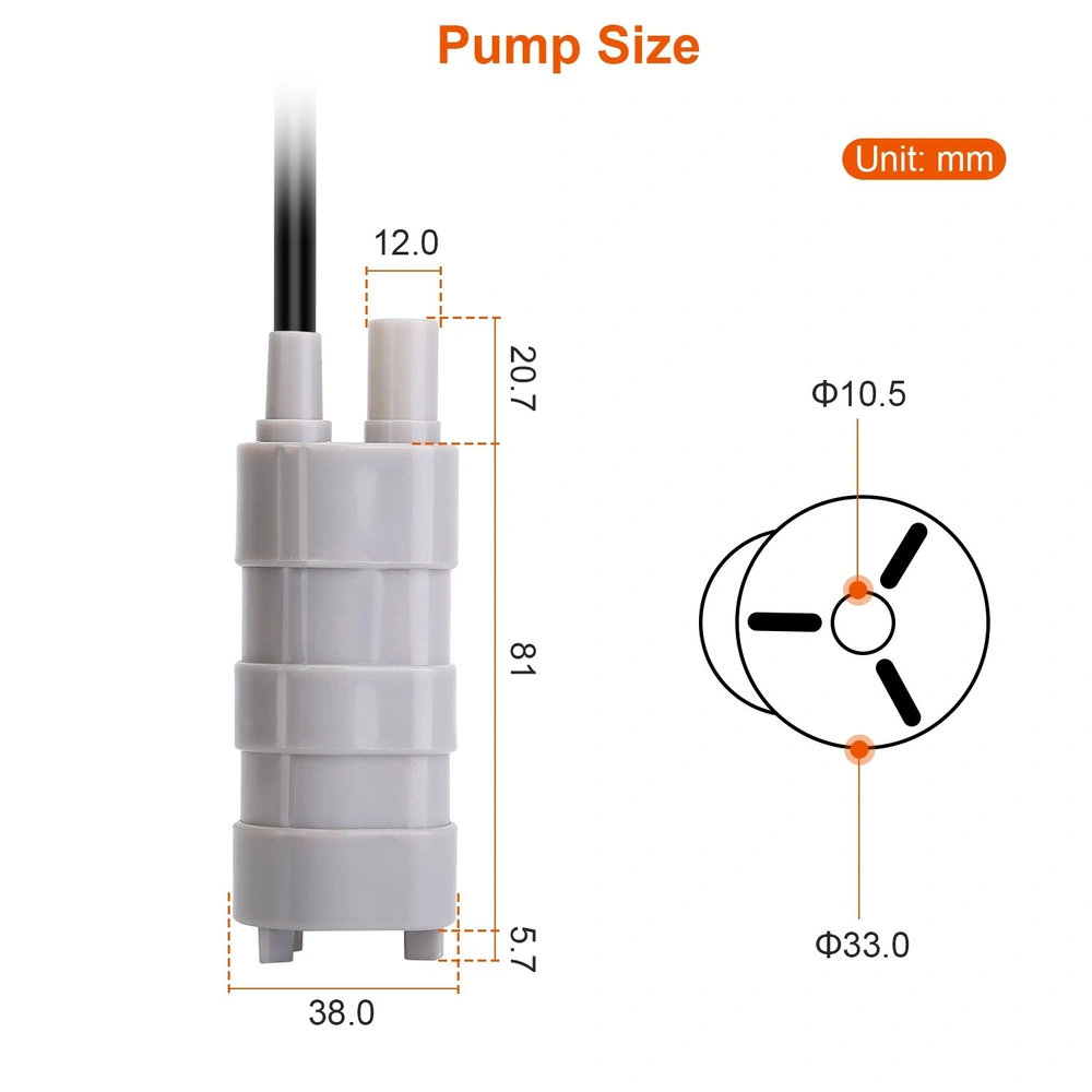 Dimensions of a submersible pump with labels in millimeters, showcasing length, width, and diameter measurements outlined with orange markings.