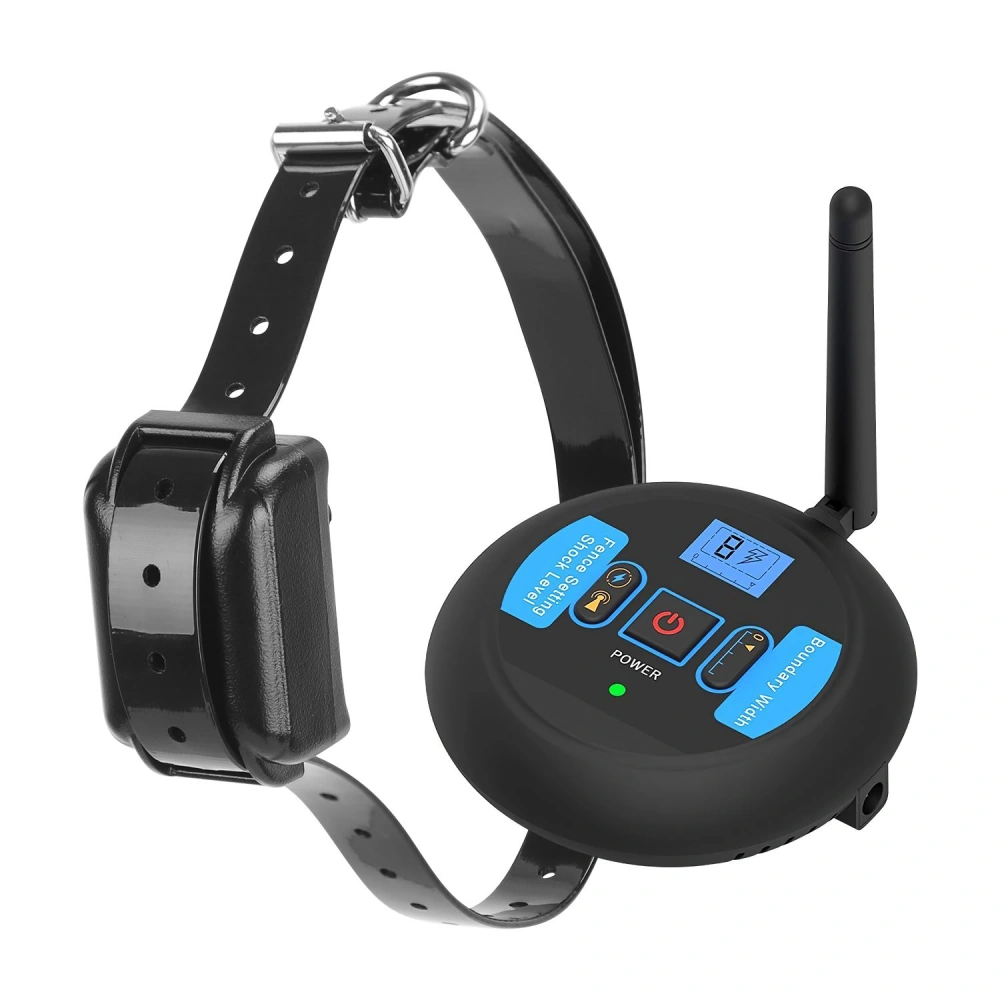 Black dog training collar with adjustable strap, control buttons for shock level and power settings, and antenna for wireless communication.