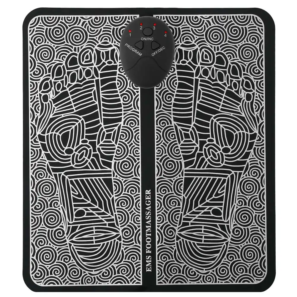 Black and white foot massager mat featuring stylized feet design and a control panel with buttons for various massage settings and power. Ideal for relaxation and foot care.