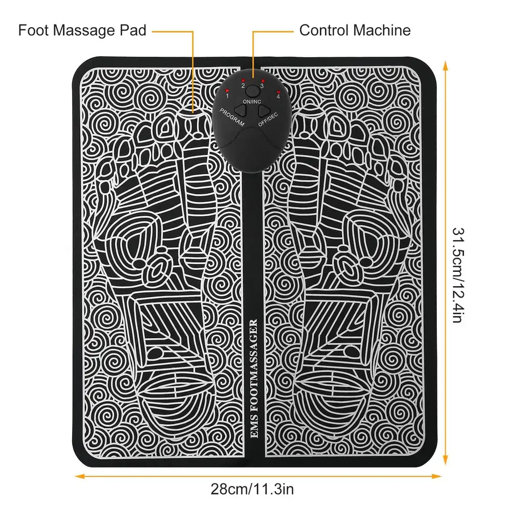 Foot massager mat with EMS technology, featuring a black design with illustrated feet and a control panel for customizable massage programs, measuring 28cm x 31.5cm.