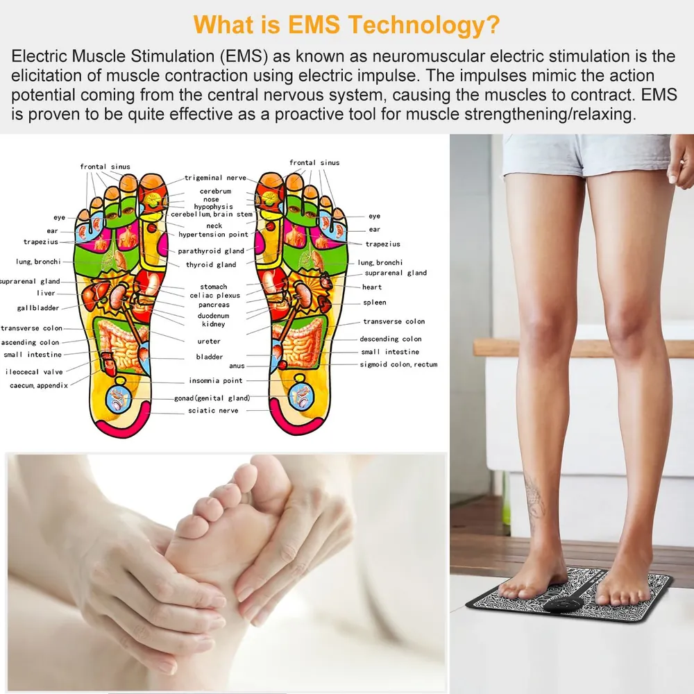 Foot massage and EMS technology for muscle relaxation, featuring a reflexology chart and a person using an electric stimulation mat.