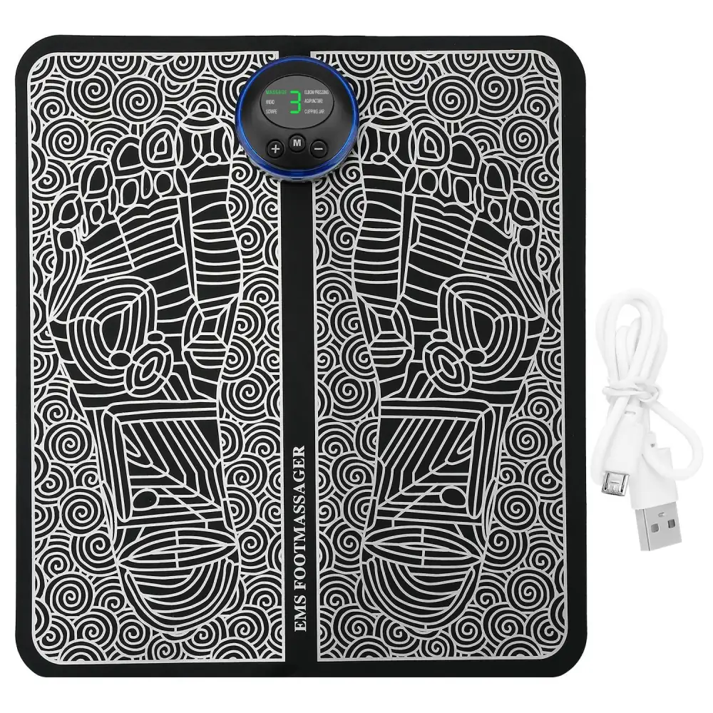 EMS foot massager mat featuring a unique foot design, digital control display with adjustable settings, and a USB charging cable.