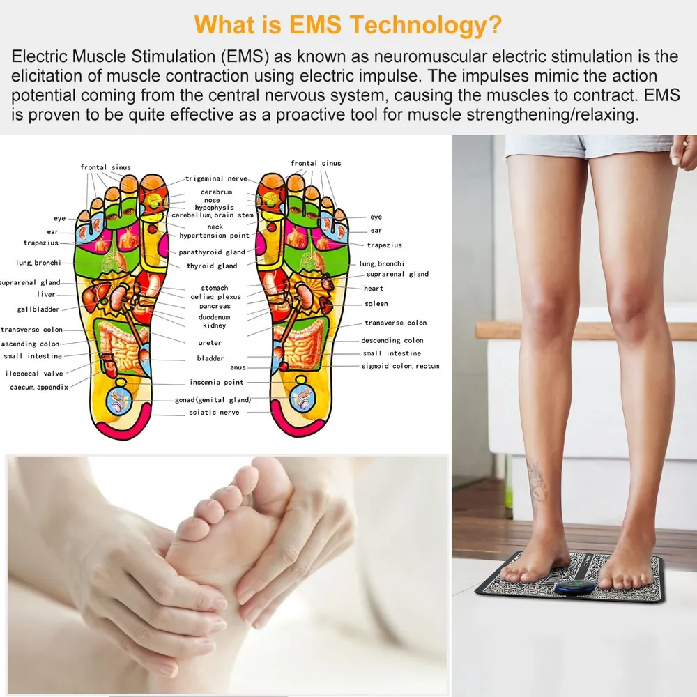 Image of feet receiving Electric Muscle Stimulation (EMS) treatment, illustrating the connection between foot reflexology points and the body's organs, promoting muscle relaxation and strength.