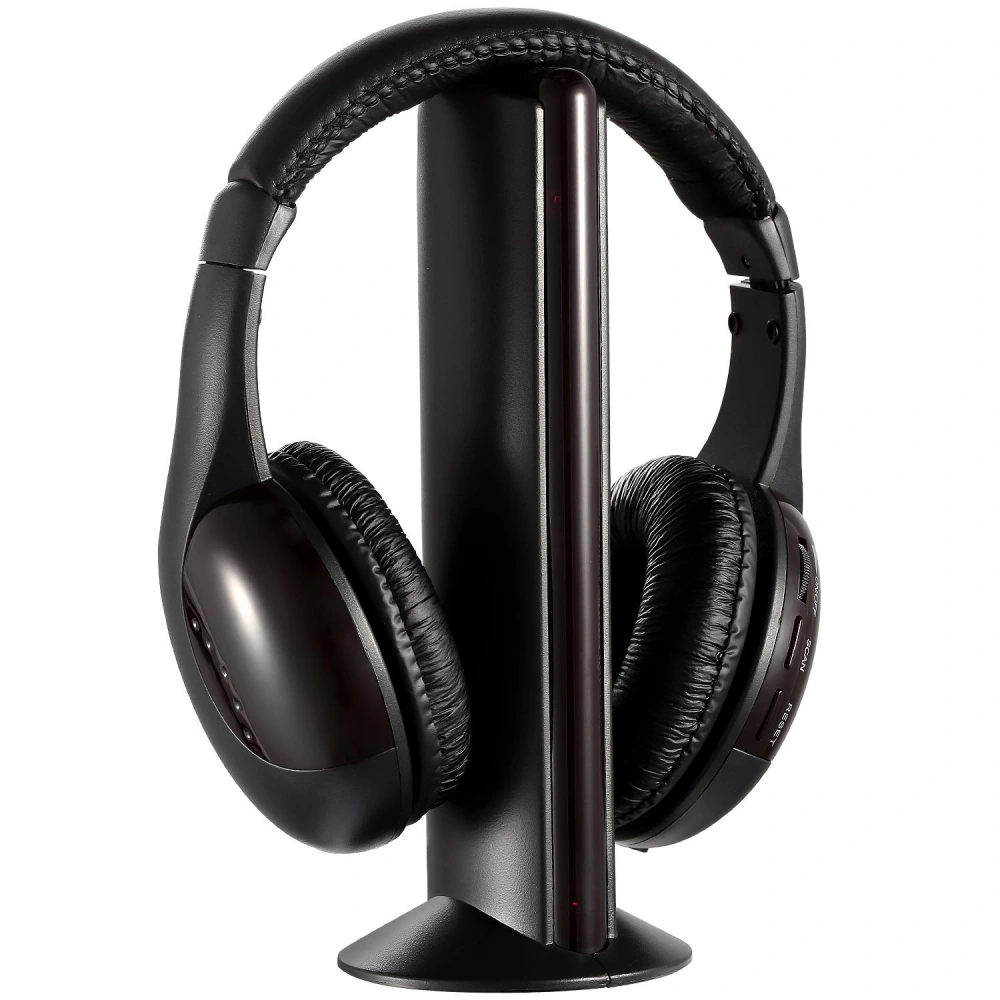 Stylish wireless headphones displayed on a sleek black stand, featuring padded ear cups and integrated controls for a comfortable listening experience.