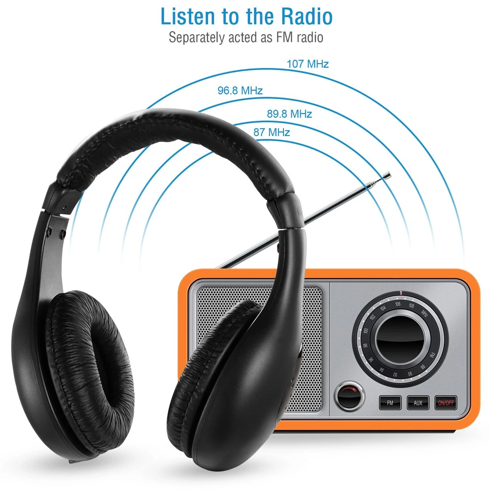Black wireless headphones next to an orange and silver FM radio, showcasing features like frequency ranges and the ability to listen to the radio.