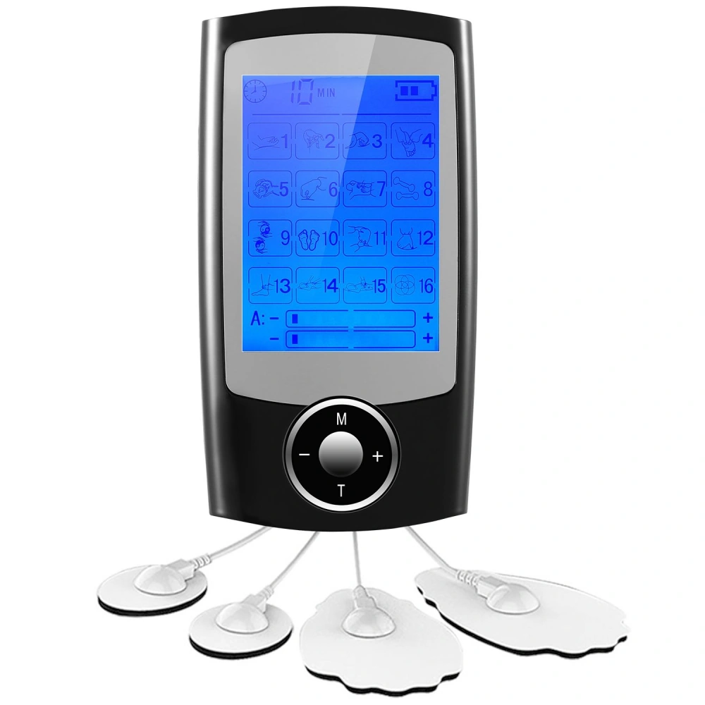 Digital TENS unit with a blue LCD display and four electrode pads for pain relief therapy