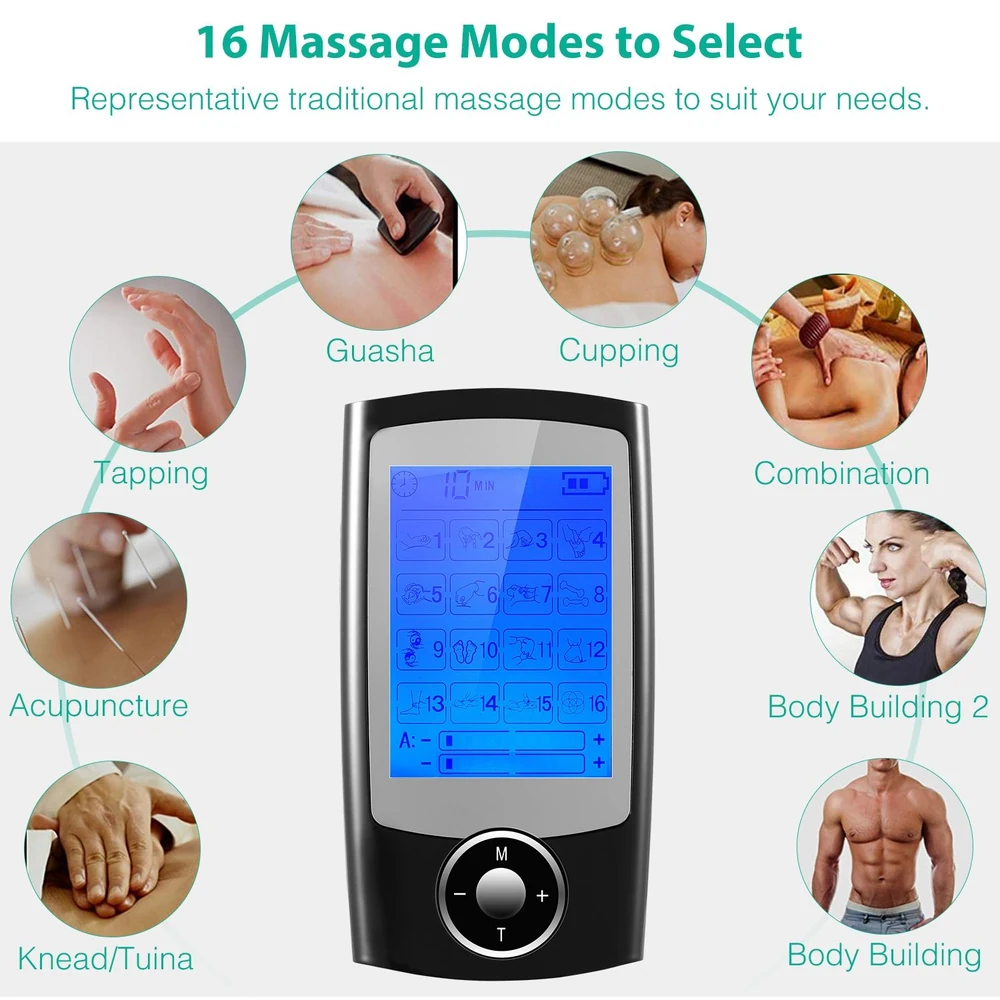 Digital massage device displaying 16 massage modes like Guasha, Cupping, and Acupuncture for personalized relief, with vibrant blue screen and intuitive control dial.