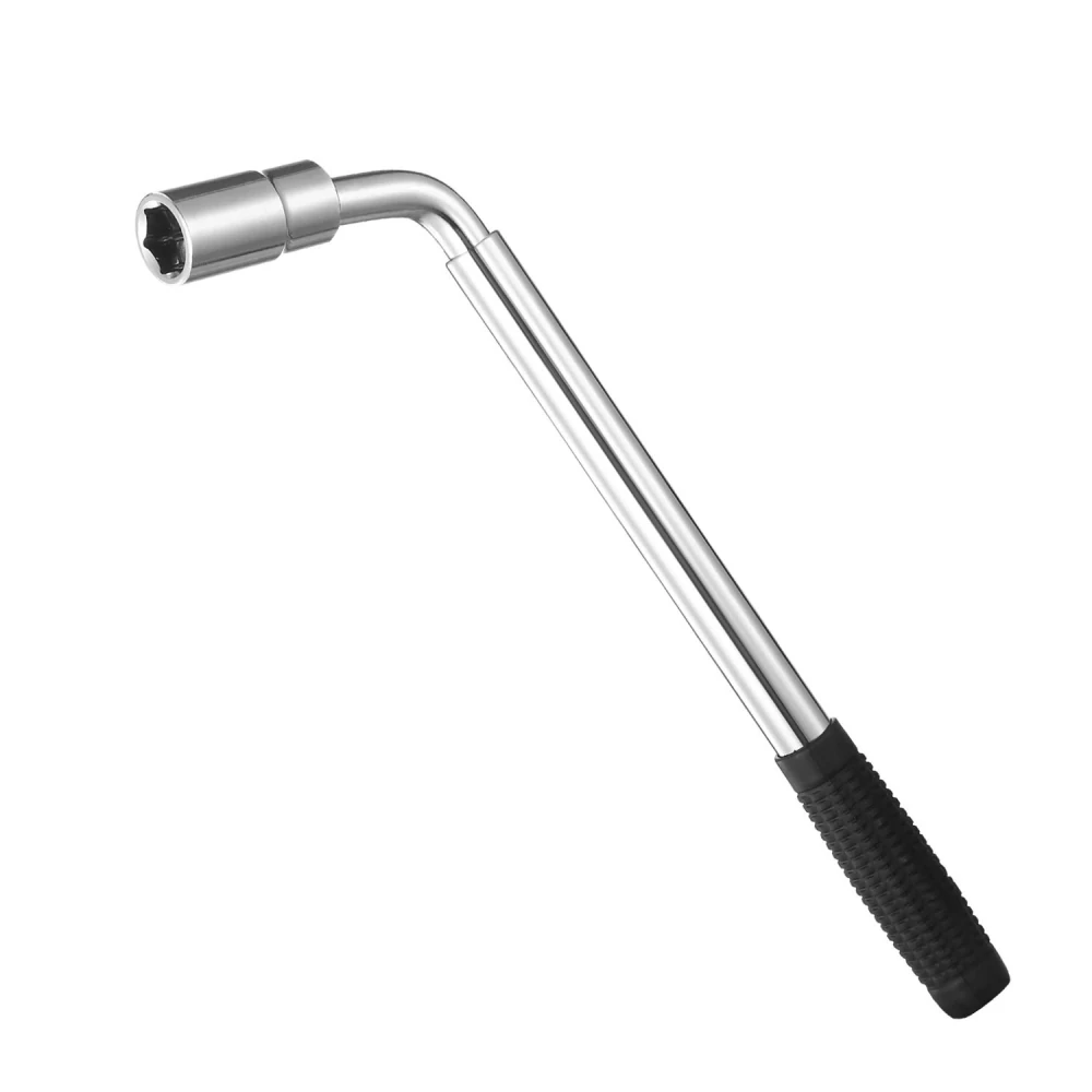 Durable steel socket wrench with a comfortable rubber grip and an angled head for easy access to tight spaces