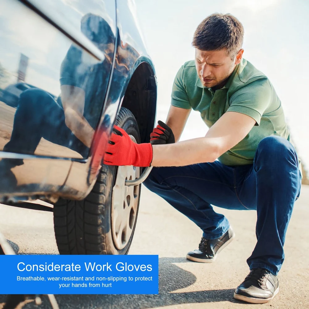 Man in red gloves changing a tire on a car, demonstrating breathable, wear-resistant, and non-slip considerate work gloves ideal for automotive tasks.