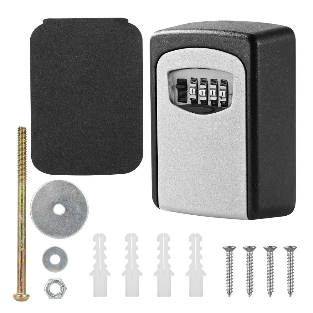 Combination lock box with keys, hardware, and mounting accessories for secure key storage.