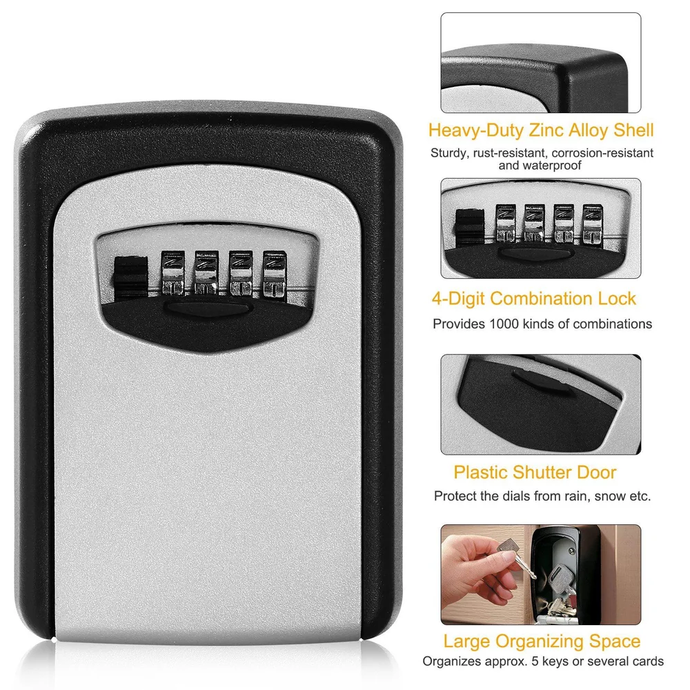 Heavy-duty lockbox with a 4-digit combination lock, featuring a rust-resistant zinc alloy shell, plastic shutter door for weather protection, and space for organizing up to 5 keys or several cards.