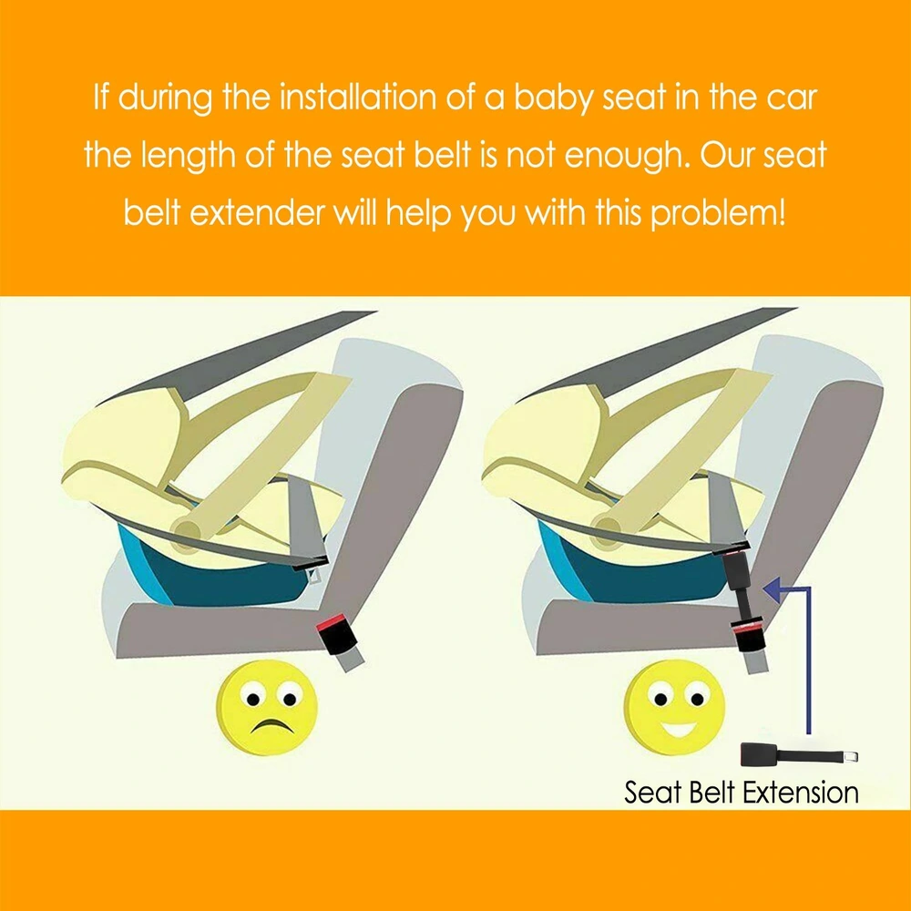Infographic showing the difference between a standard seat belt and a seat belt extender for car safety while installing a baby seat, featuring a sad face emoji representing the issue and a happy face emoji illustrating the solution.