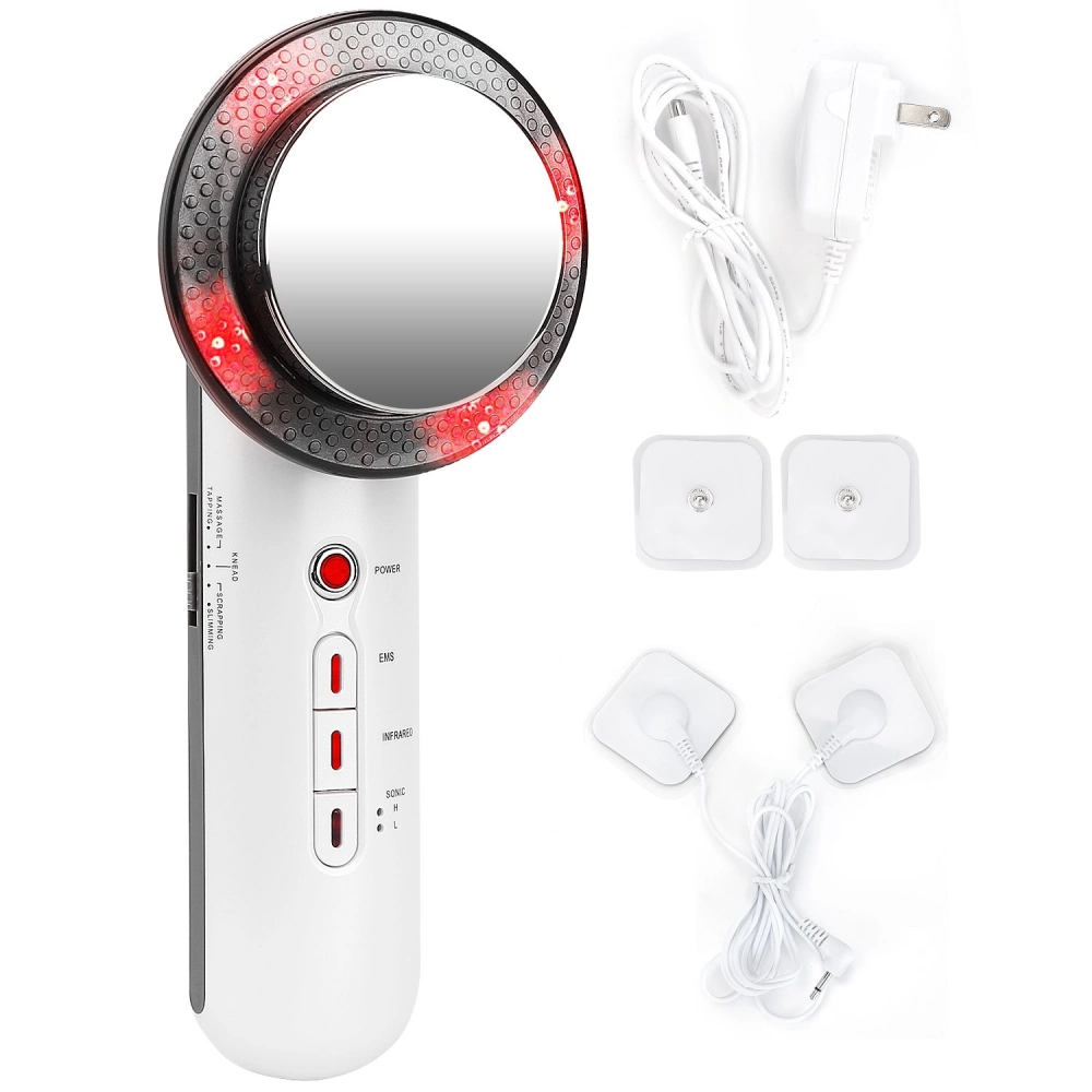 Red light therapy device with mirror, control buttons, and included accessories, designed for skin rejuvenation and muscle relief.