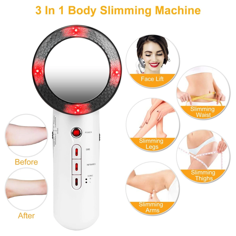 3-in-1 body slimming machine featuring a mirror, control buttons, and labeled benefits for face lifting, waist, leg, thigh, and arm slimming, showcased with before and after images.