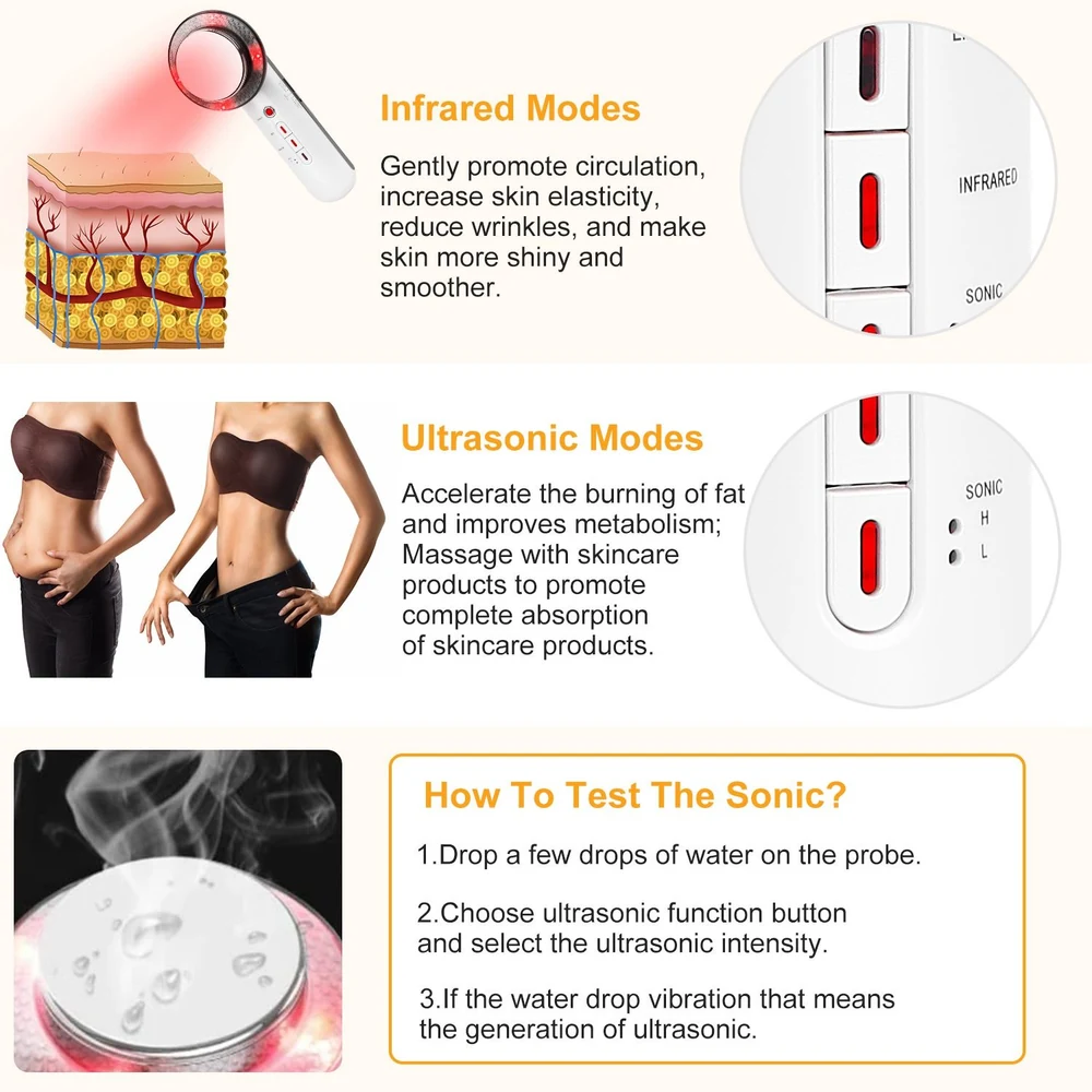 Multifunctional beauty device with infrared and ultrasonic modes for enhanced skin care, shown with demonstration images for promoting circulation, elasticity, fat burning, and skincare absorption.