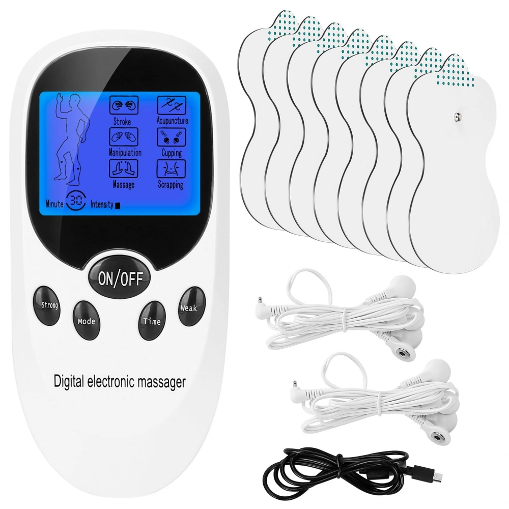 Digital electronic massager with a blue LCD screen, control buttons, ten adhesive electrode pads, two sets of wires, and a USB charging cable for muscle relaxation and pain relief.