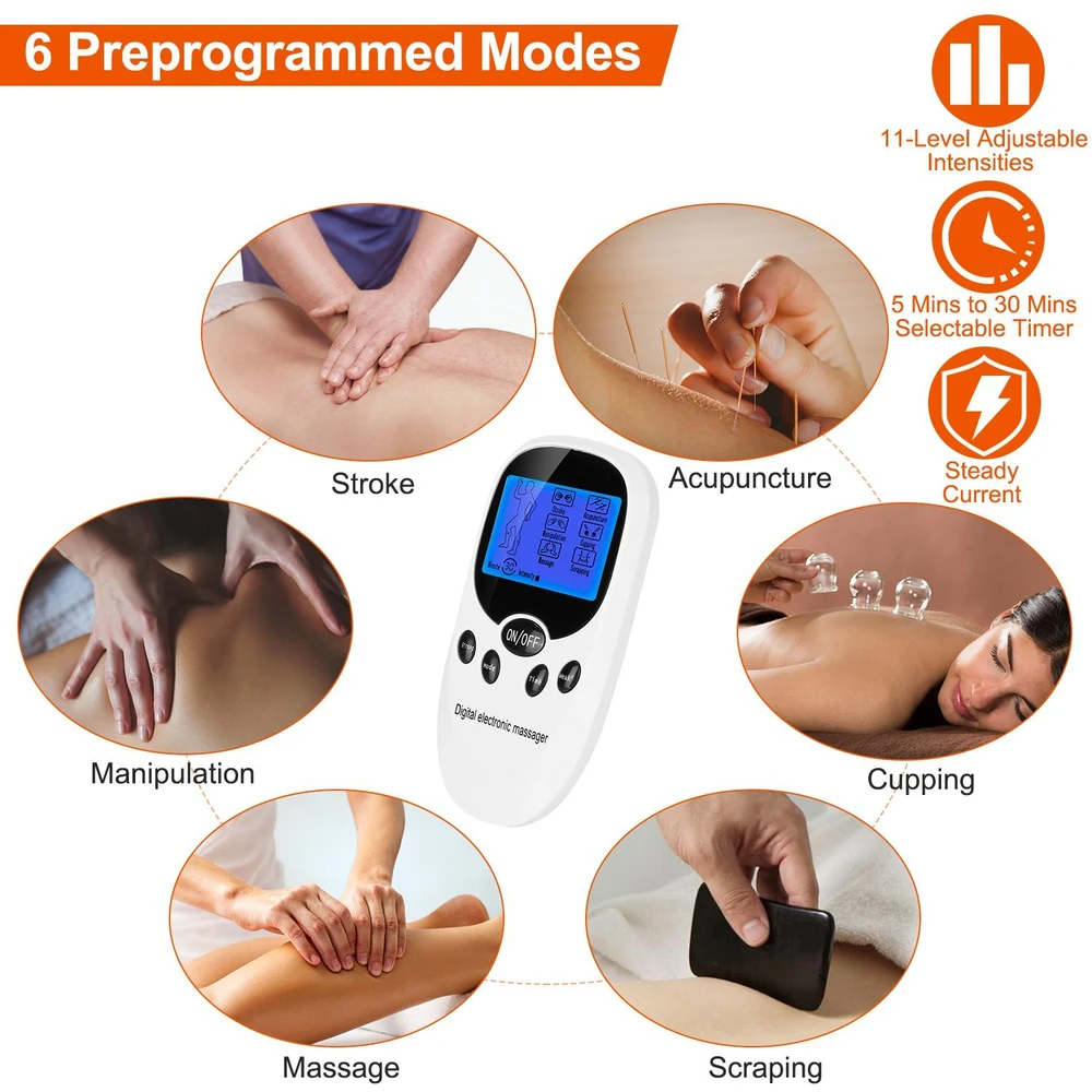 Digital electronic massager with 6 preprogrammed modes for stroke, acupuncture, manipulation, massage, cupping, and scraping; features 11 adjustable intensity levels and a timer that can be set from 5 to 30 minutes.