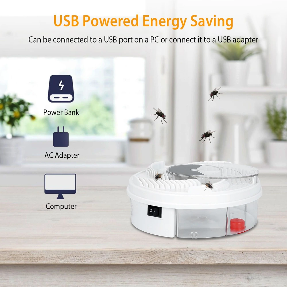 USB-powered insect trap on a wooden table, designed for energy efficiency, featuring icons for power bank, AC adapter, and computer connectivity, with flies visible around the device.