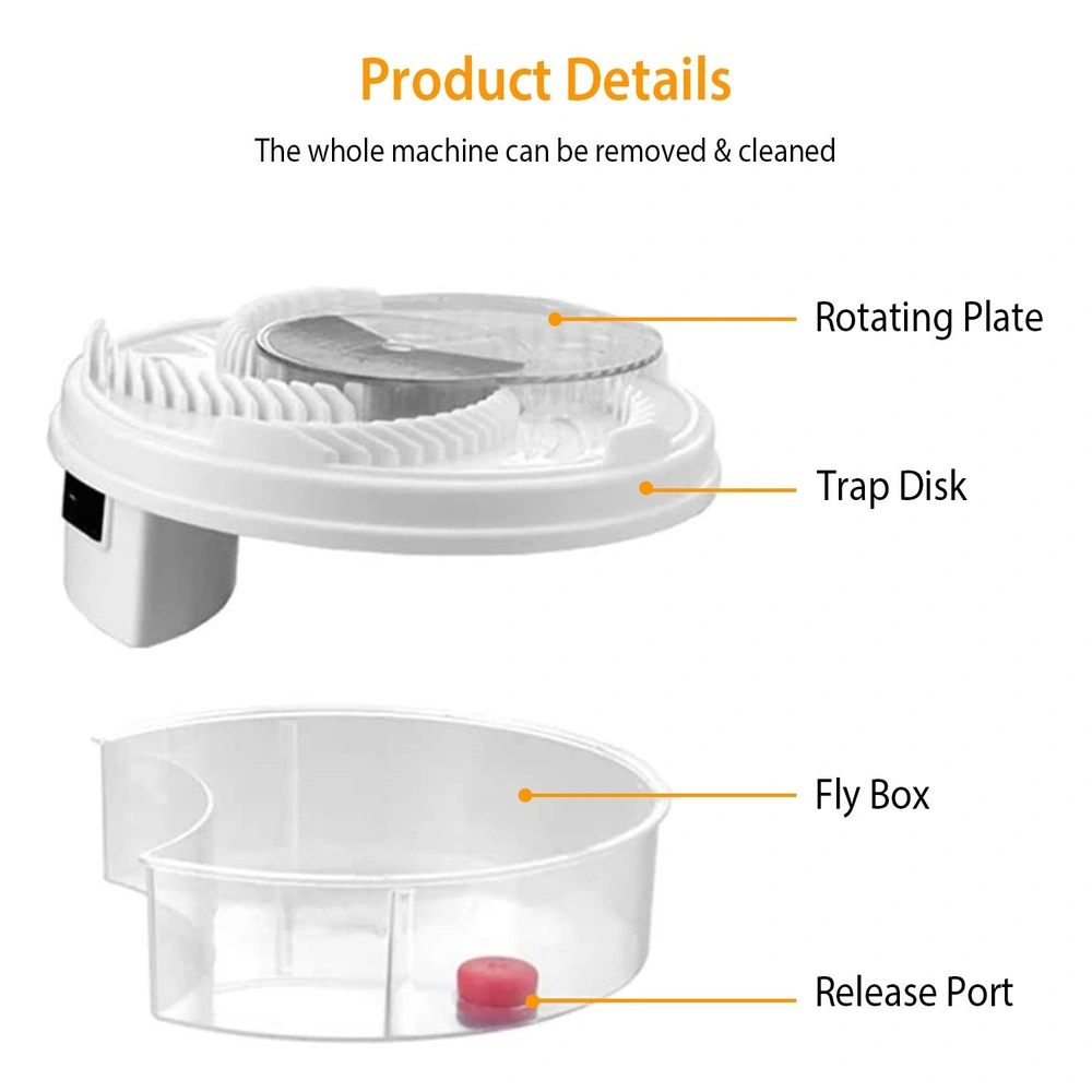 Product image showcasing a fly trap device with labeled components including a rotating plate, trap disk, fly box, and release port, highlighting its removable and cleanable design.