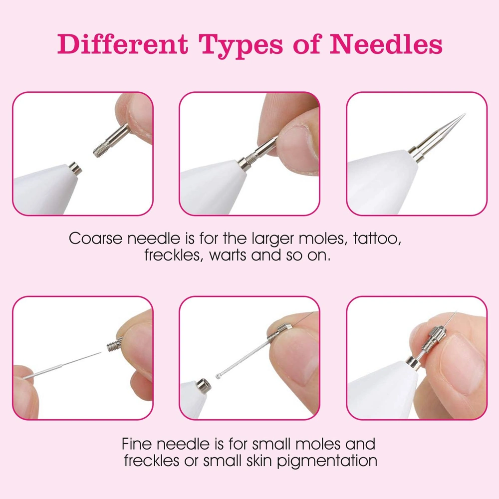 Close-up image showing different types of needles for skin treatment tools, including coarse needles for larger moles and tattoos, and fine needles for small moles and skin pigmentation.