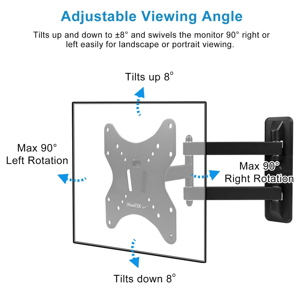 Adjustable monitor mount with ±8° tilting and 90° swivel capabilities for optimal landscape and portrait viewing angles.