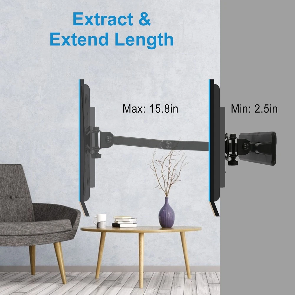 Wall-mounted adjustable TV bracket showing maximum extension of 15.8 inches and minimum of 2.5 inches, designed for flexible viewing positions.