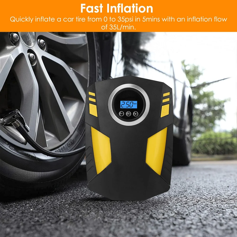 Compact car tire inflator with digital display, designed for fast inflation from 0 to 35psi in 5 minutes, featuring a durable black and yellow design, placed next to a car wheel on a paved surface.