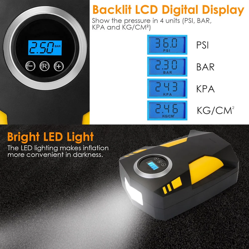 Portable tire inflator with backlit LCD digital display showing pressure in PSI, BAR, KPA, and KG/CM², featuring bright LED light for convenient nighttime use.