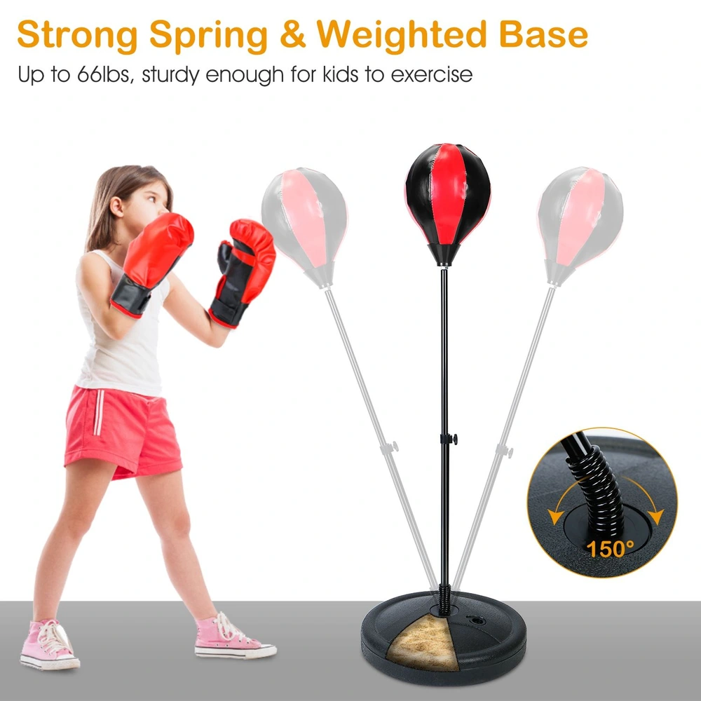 Kids boxing training set with strong spring pole and weighted base, featuring a red and black punching bag, designed for children to enhance fitness and coordination.