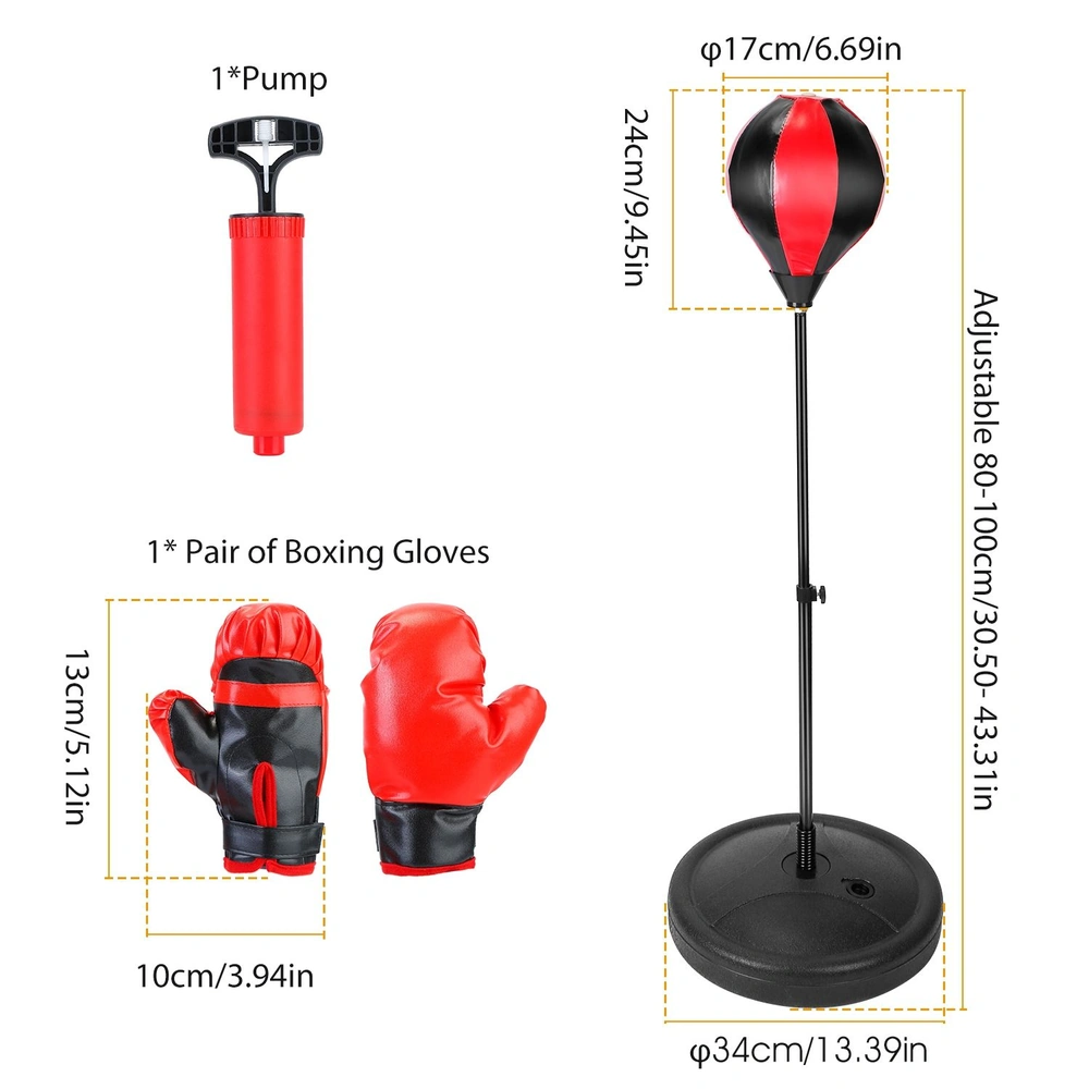 Red and black boxing bag set featuring a portable pump, adjustable height, and a pair of padded boxing gloves, ideal for home fitness and training.