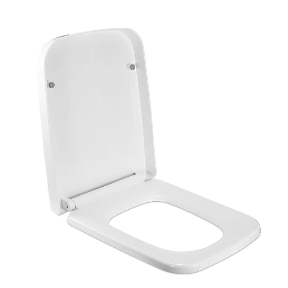 White elongated toilet seat with lid, showcasing a sleek design and easy installation features.