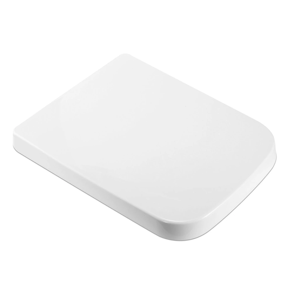White, sleek toilet seat cover with smooth, rounded edges, designed for comfort and easy cleaning.