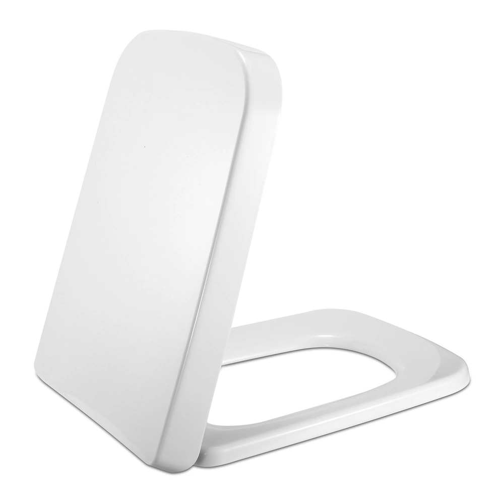 White toilet seat with a sleek, modern design, featuring a smooth finish and ergonomic shape for comfort and easy installation