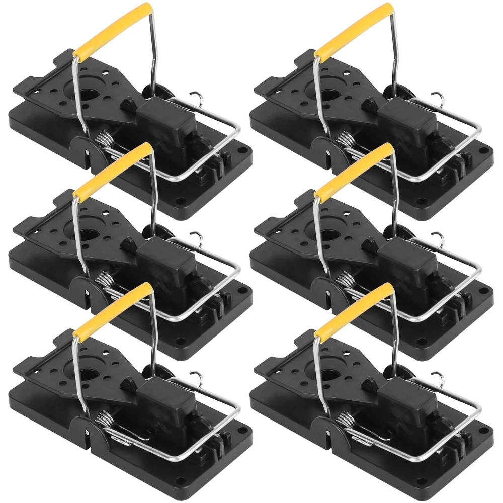six-pack of durable black snap mouse traps with yellow trigger levers for effective rodent control