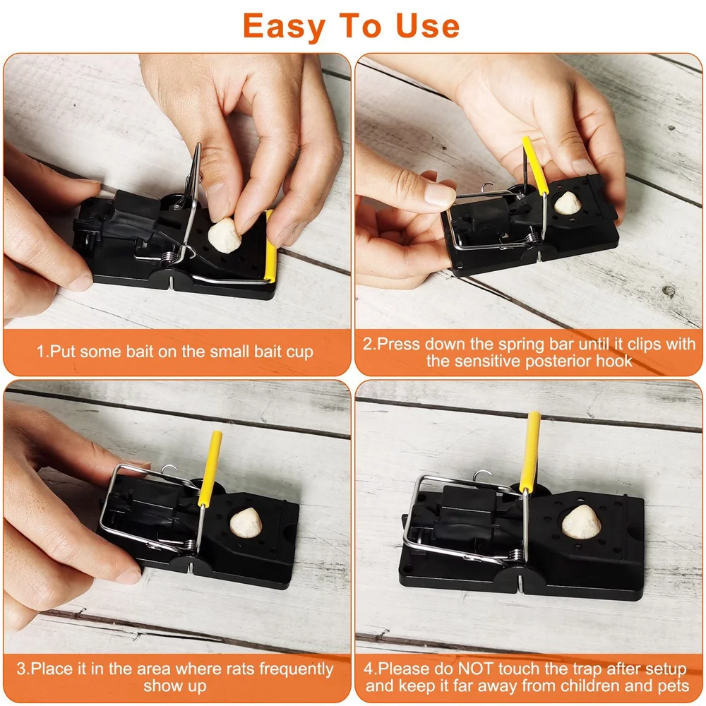 Step-by-step guide for setting up an easy-to-use rat trap with bait placement and safety precautions, illustrated with hands demonstrating the process.