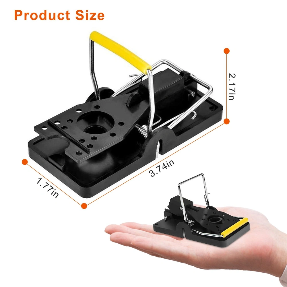 Compact black mouse trap with yellow handle, measuring 3.74 inches long, 2.17 inches wide, and 1.77 inches high, shown in hand for scale.
