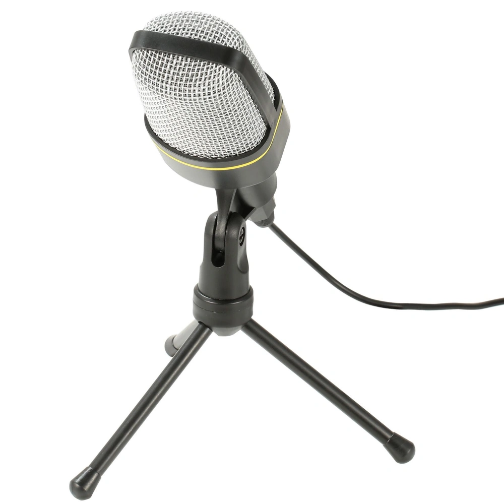 Professional dynamic microphone on a tripod stand with a mesh pop filter and a black cable, ideal for podcasts, recordings, and live performances.