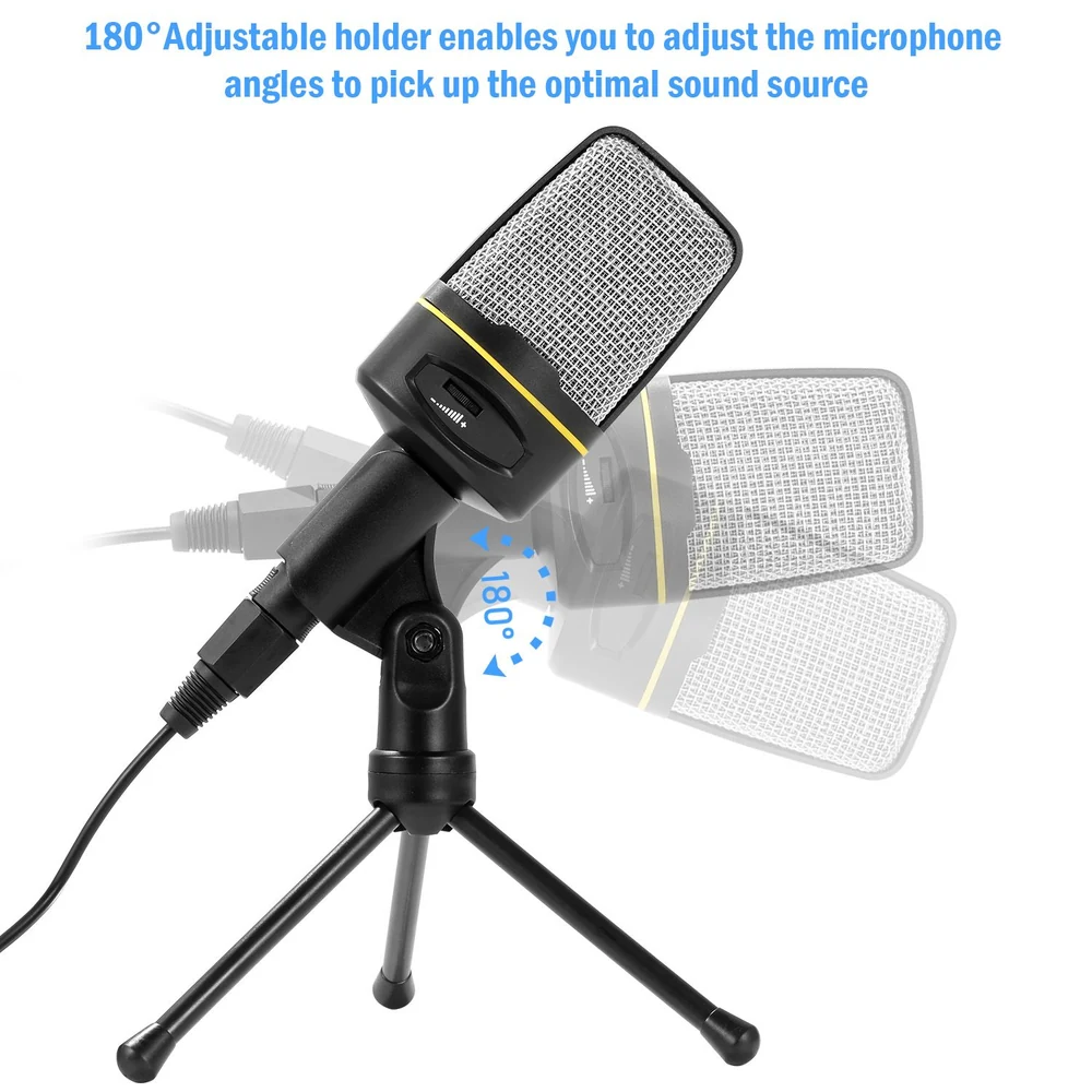 Adjustable microphone holder with a 180° swivel feature, designed for optimal sound capture from various angles, showcasing a tripod stand and microphone details.