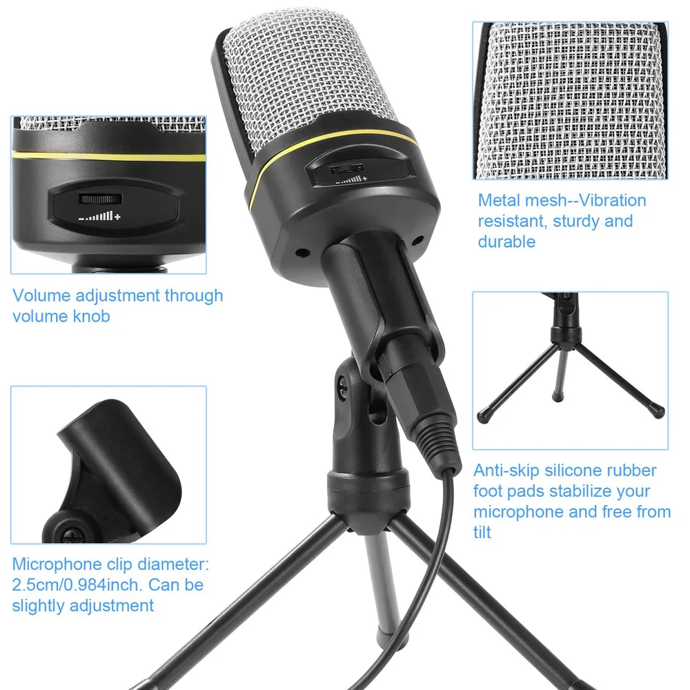 High-quality adjustable microphone with metal mesh for durability, volume control knob, and anti-skid rubber foot pads on a stable tripod stand.