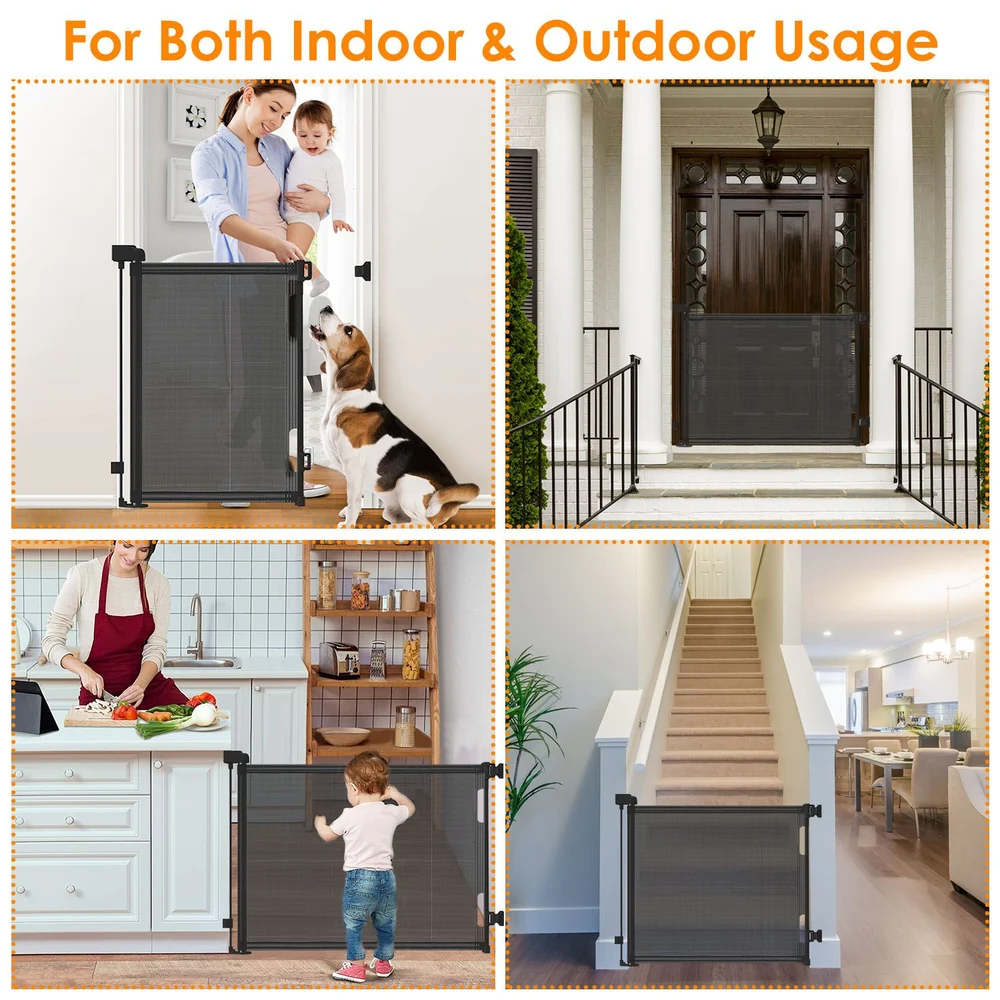 Adjustable safety gate for indoor and outdoor use, featuring a mesh design, installed in various settings with children and pets, promoting secure environments.